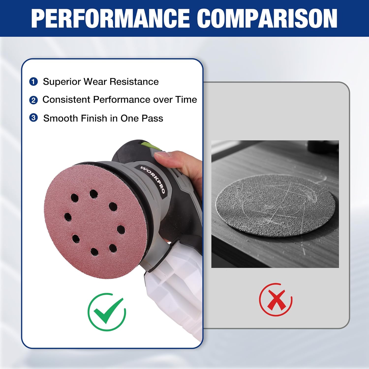 Red 8-hole hook-and-loop sanding disc on random orbital sander pad