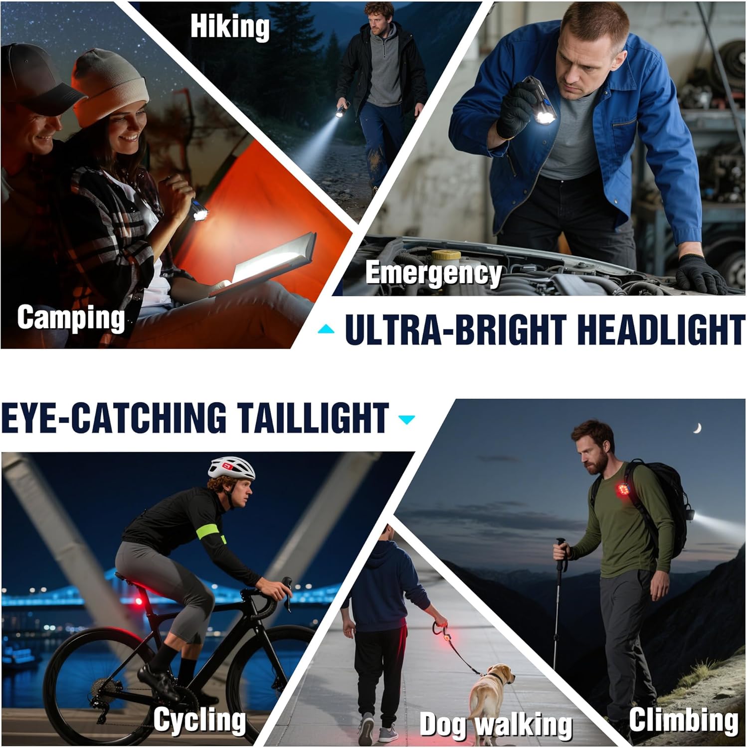 Ultra-bright dual bike lights with front white headlight and red eye-catching taillight