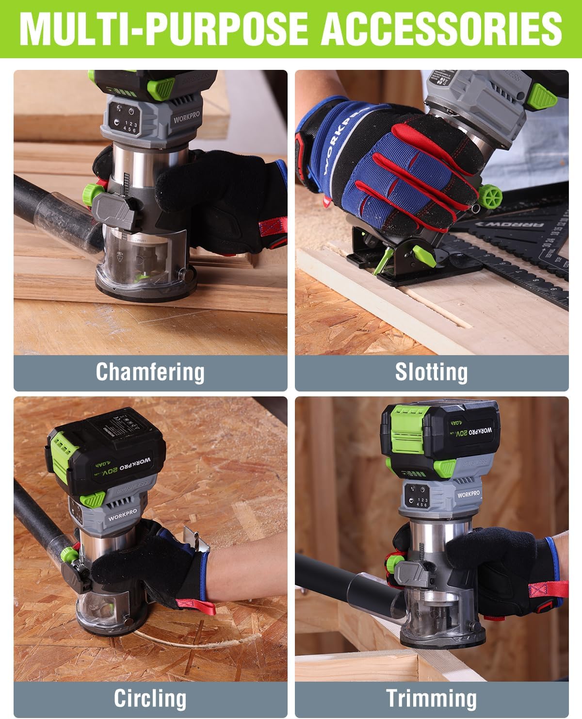 Cordless compact router with accessories for chamfering, slotting, circling, and trimming