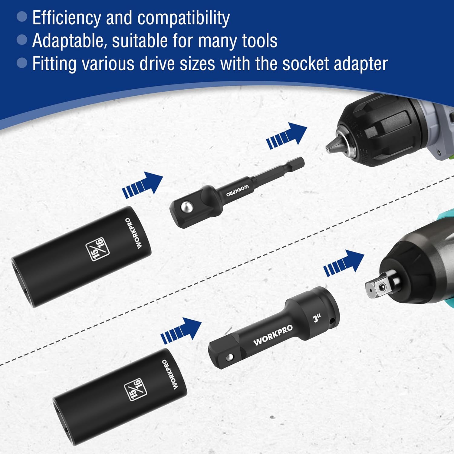 WORKPRO socket adapters and extension bars showing compatibility for different drive sizes