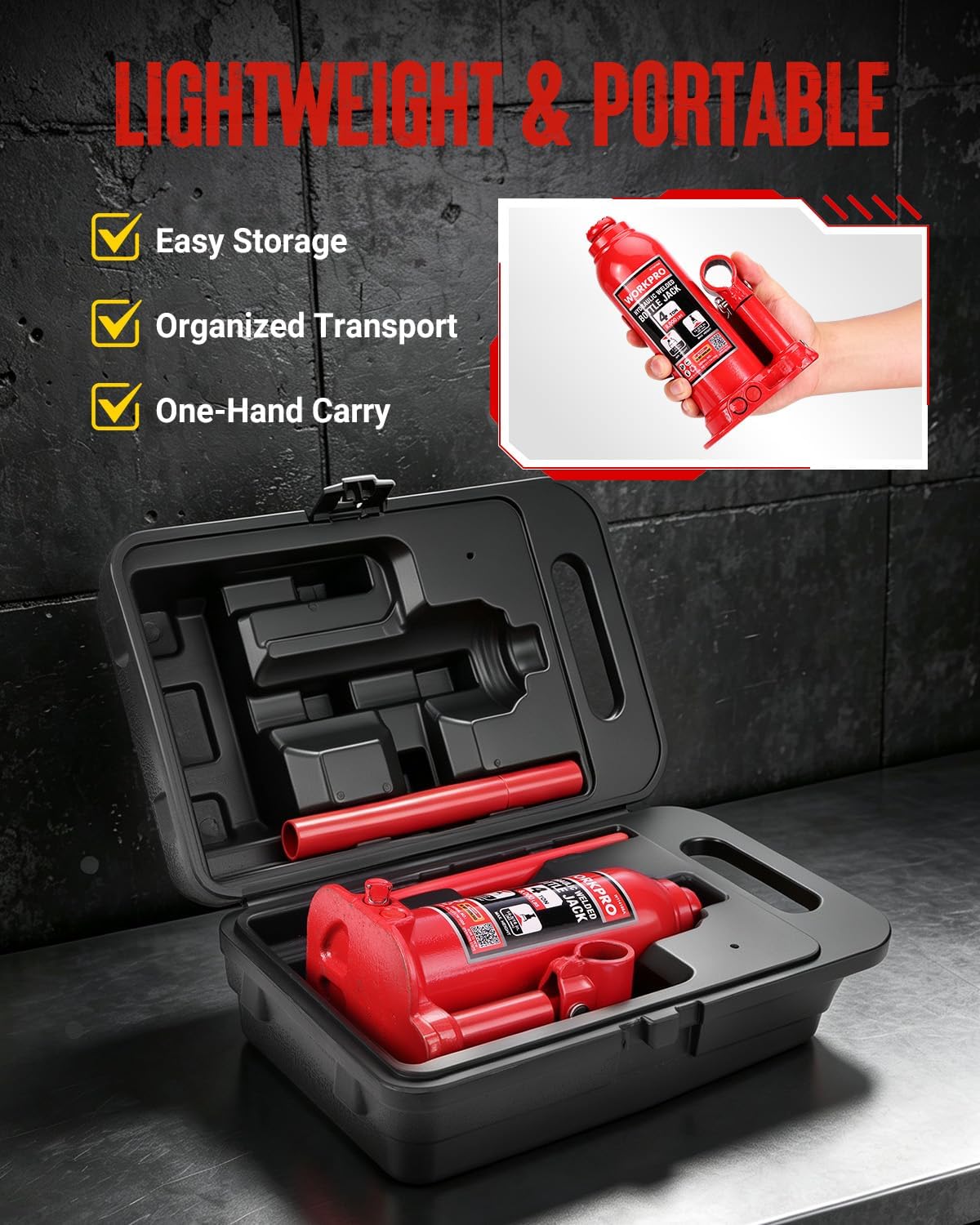 WORKPRO Bottle Jack, 4 Ton Heavy Duty Hydraulic Car Jack with Storage Case