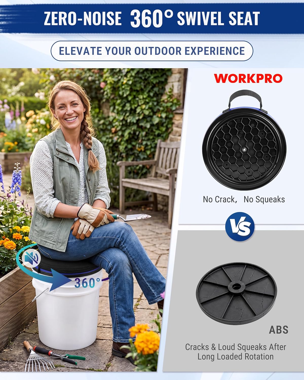 Zero-noise 360° swivel bucket seat with black NBR cushion and side handle