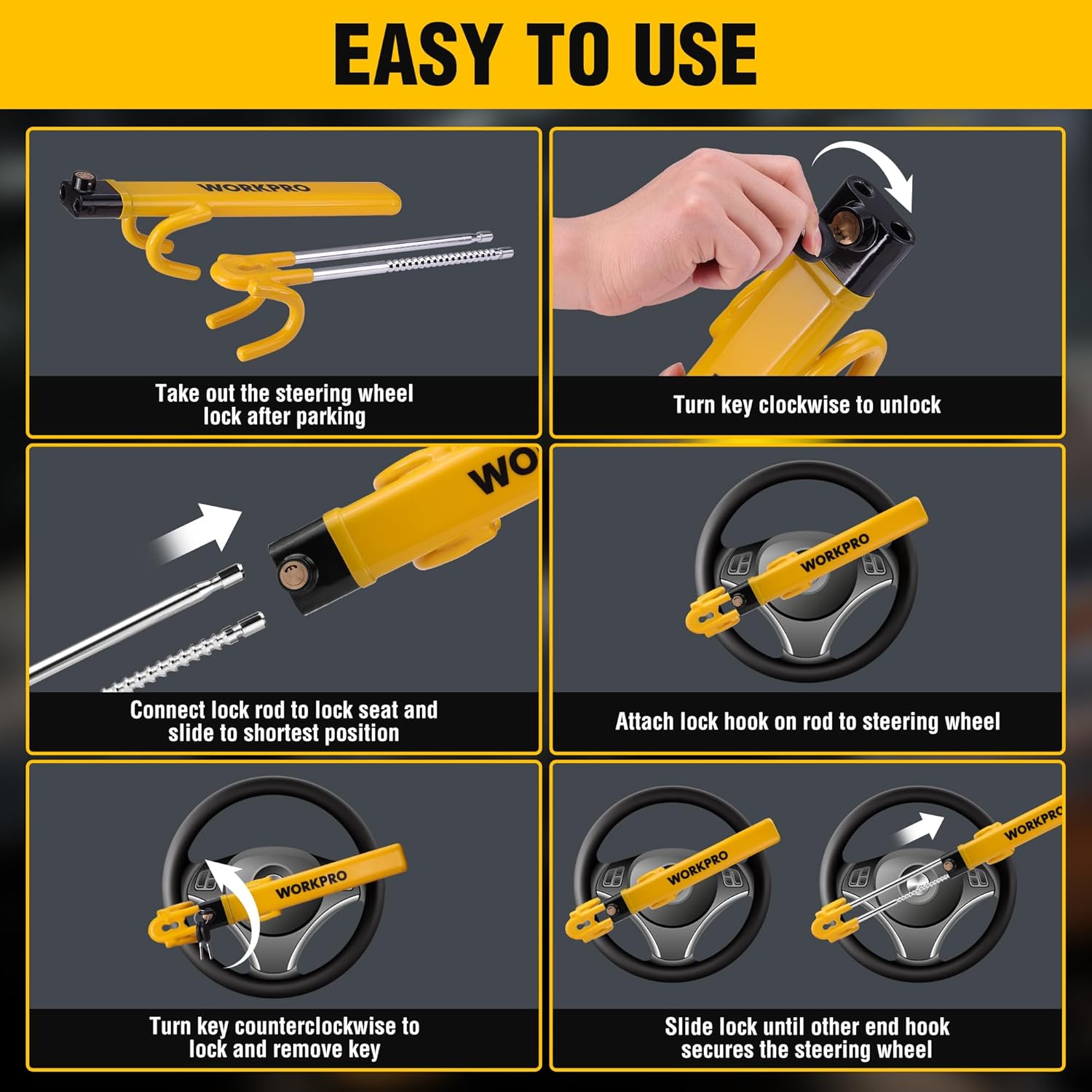 Yellow steering wheel lock with double hooks and chain, in-car attachment and unlock mechanism