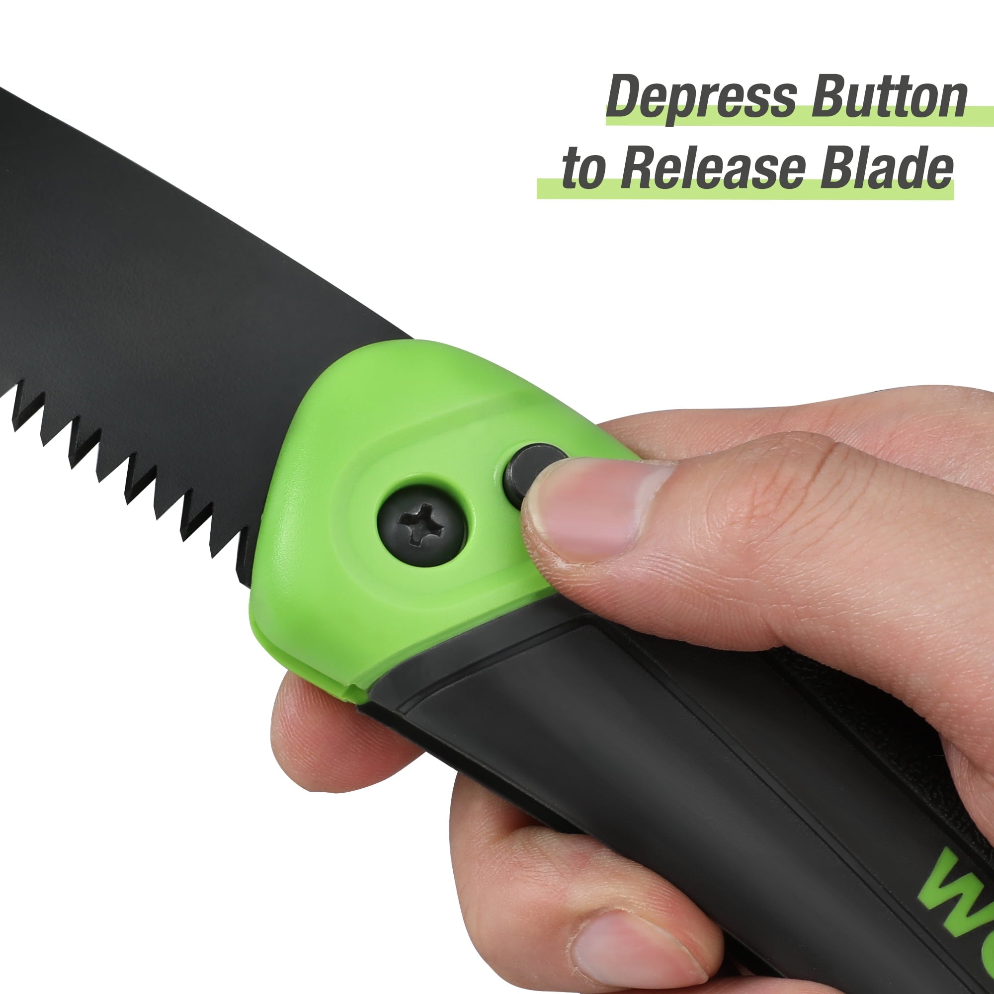 Push-button lock on green folding saw handle with black release panel