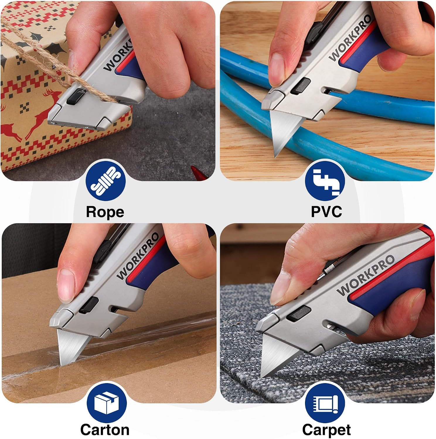 WORKPRO utility knife for cutting rope, PVC, cardboard, and carpet with retractable blade