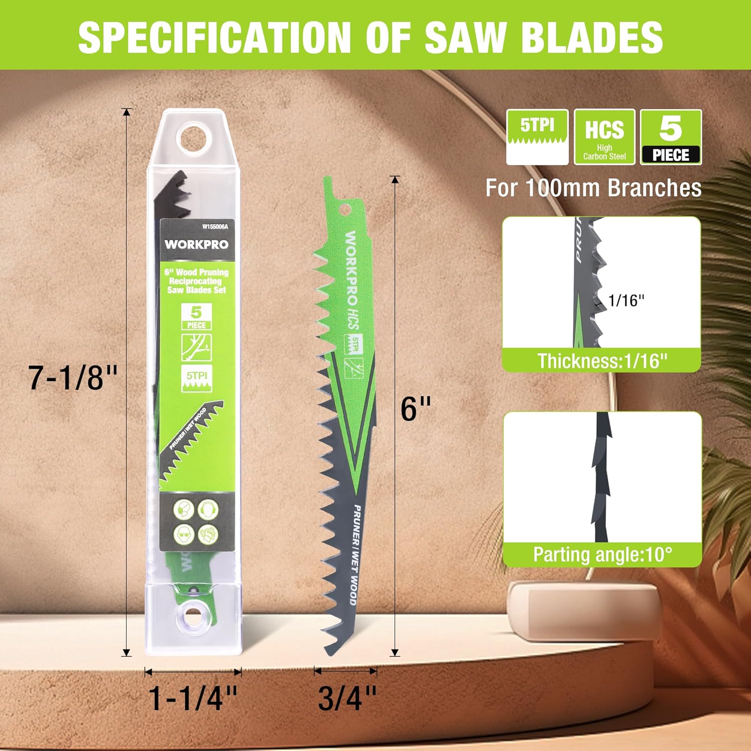 WORKPRO 6 in pruning saw blades, five 5TPI blades, shown in clear plastic case