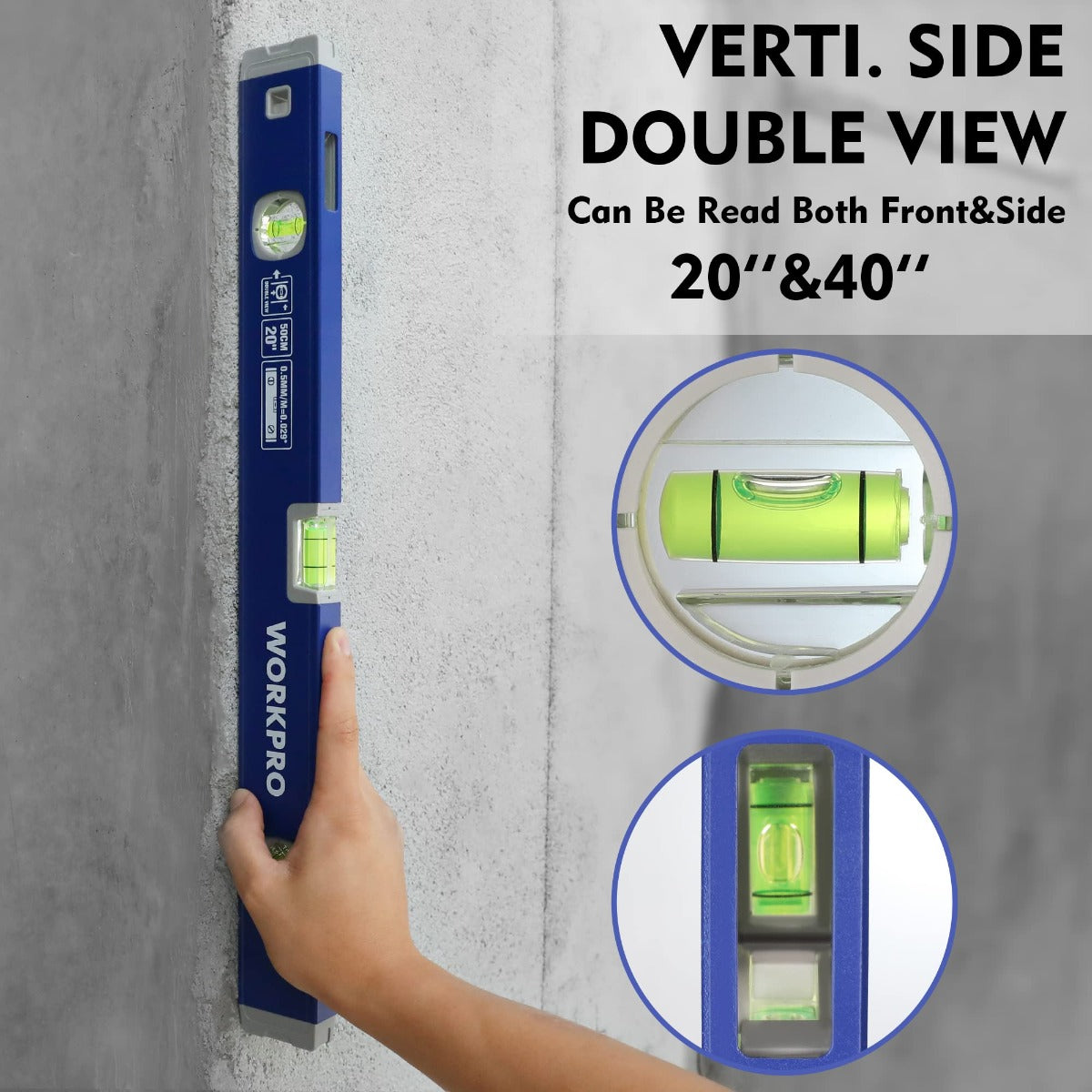 Blue spirit level with green vials, held against a wall for vertical and side checking