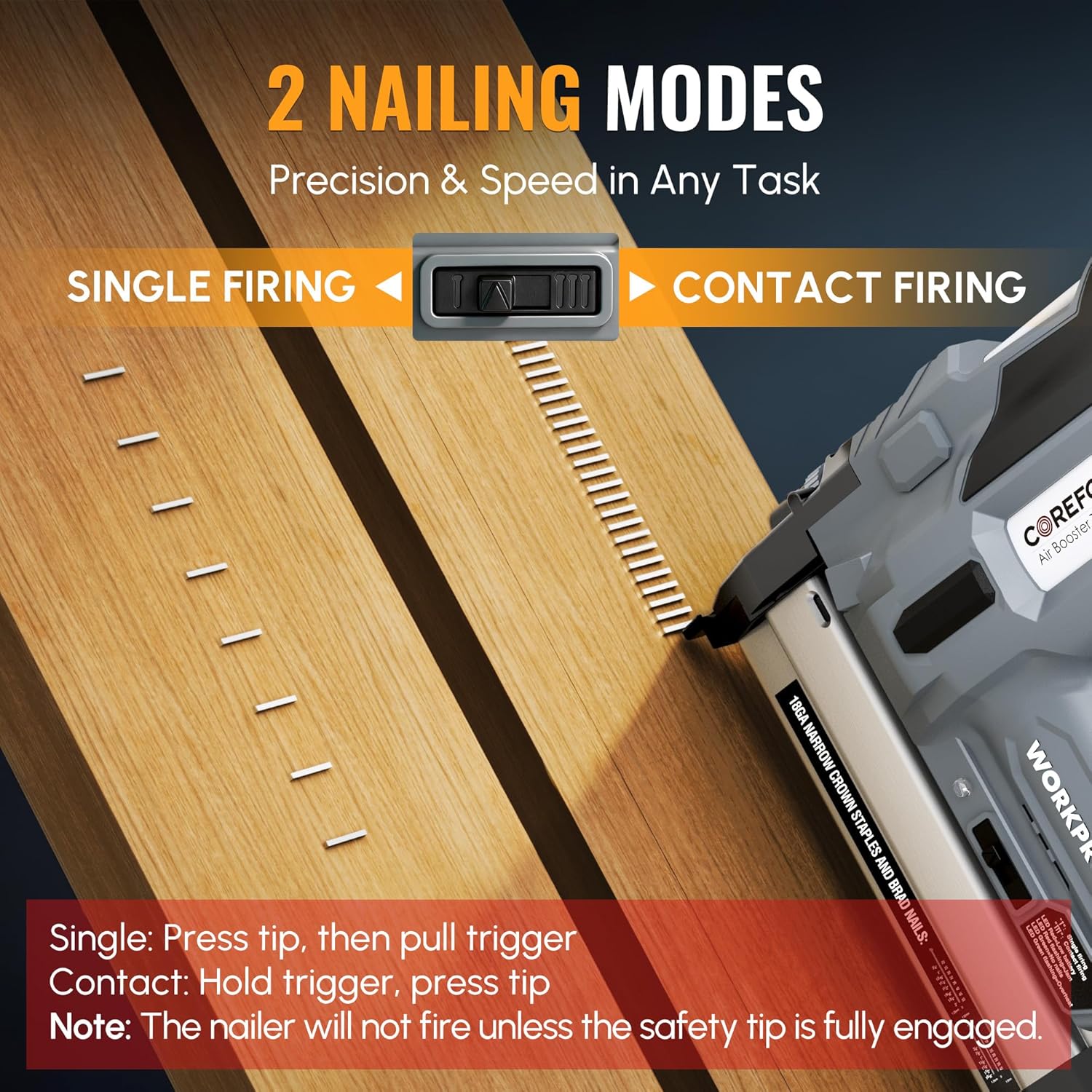 Cordless brad nailer showing single and contact firing modes on wood surface