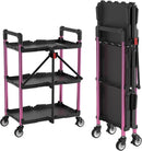 WORKPRO 3-Tier Collapsible Service Cart, Black/Pink, 210 LBS Foldable Utility Cart with Wheels, Portable Rolling Tool Cart for Garage, Warehouse, Home, Restaurant and Office (No Assembly Required)