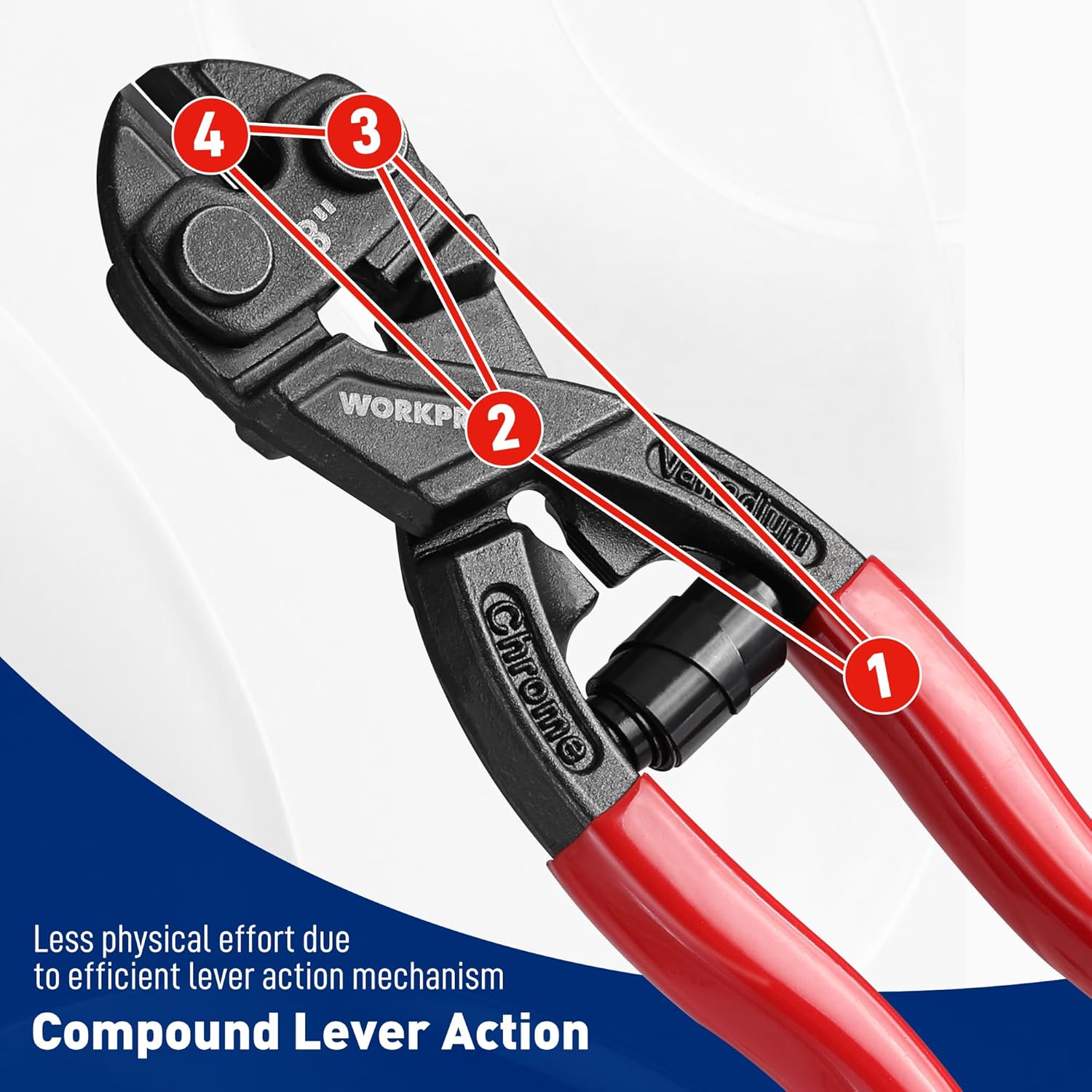8-inch mini bolt cutter with compound lever action, red handles and black head