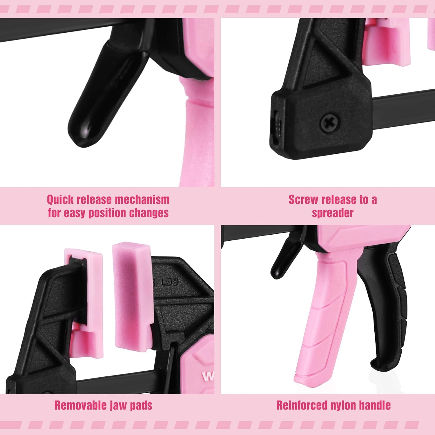 Close-up of black jaw pads and pink handle on mini bar clamp with quick-release parts