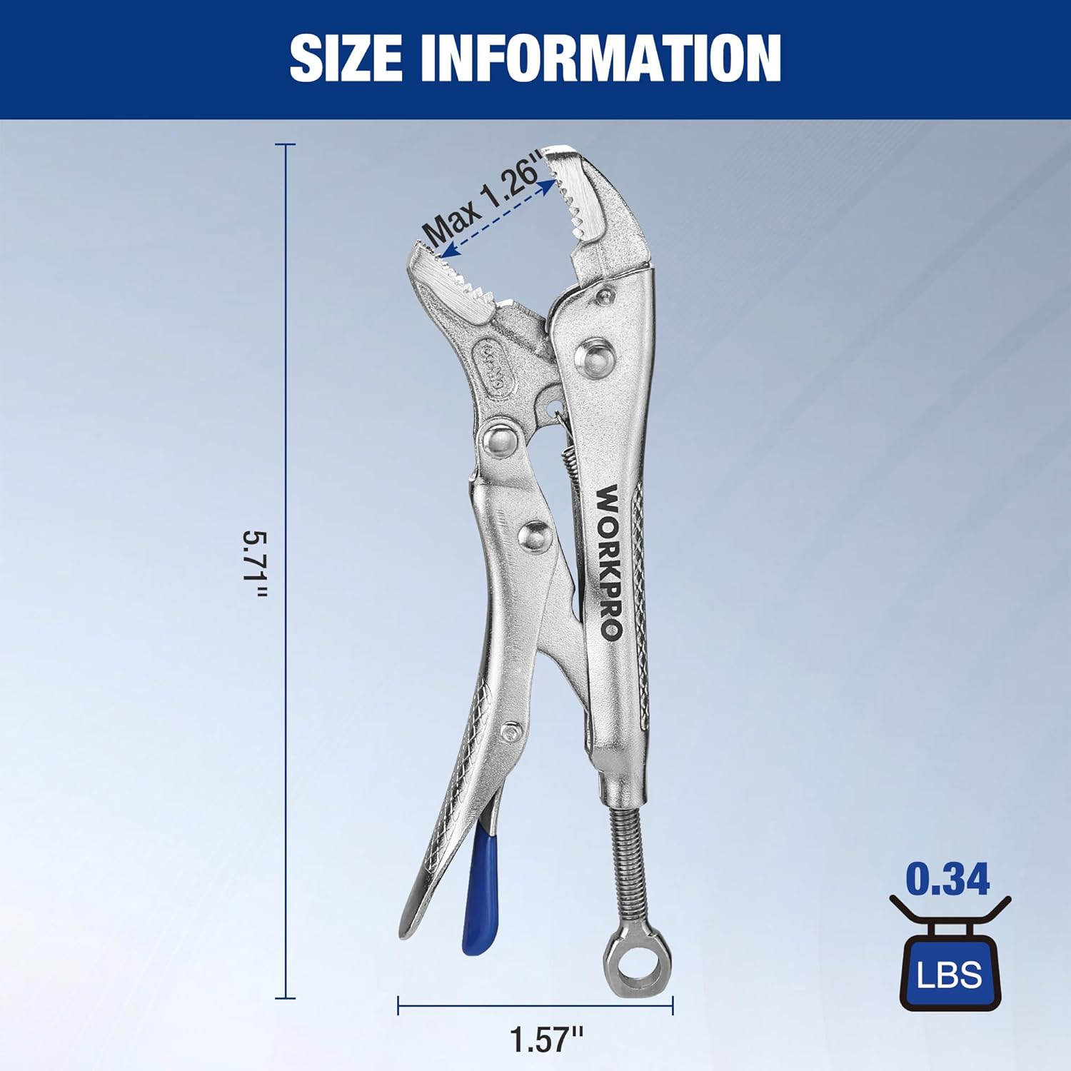 WORKPRO curved jaw locking pliers size diagram, silver steel with blue handle