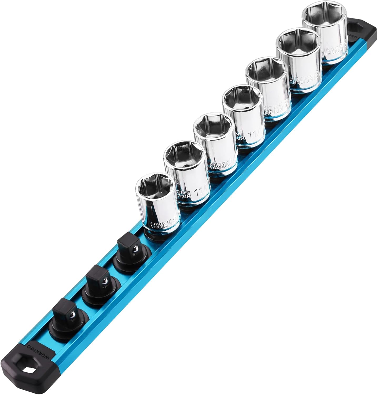 Sky blue magnetic socket organizer bar with black clips holding chrome sockets