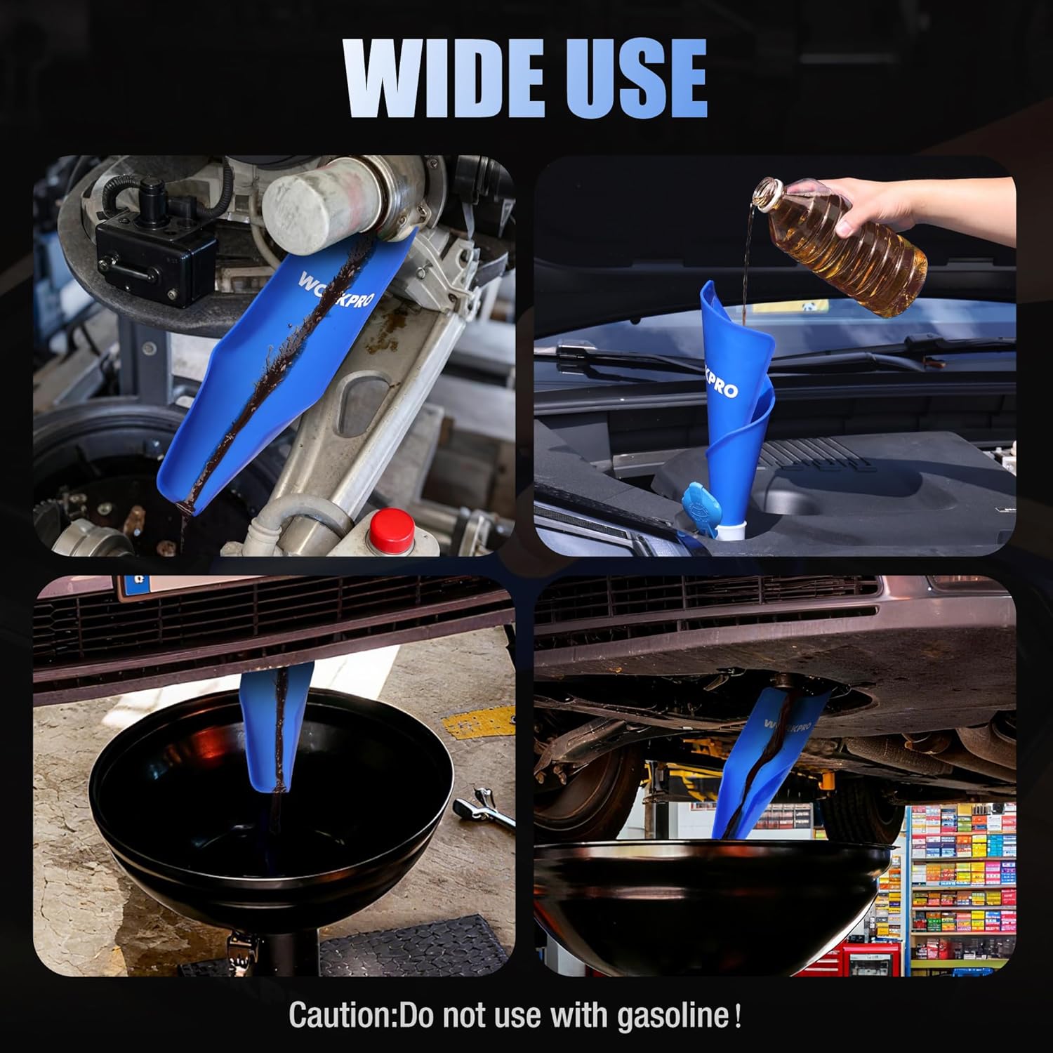 Blue foldable oil funnel pouring oil into a pan, used on engine area