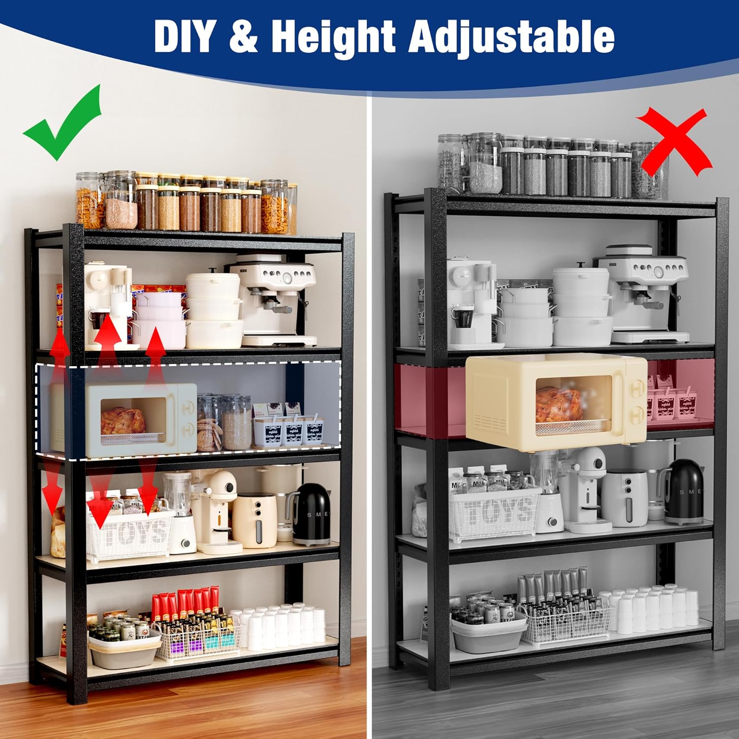 Black adjustable storage shelving with wood shelves displaying kitchen items neatly