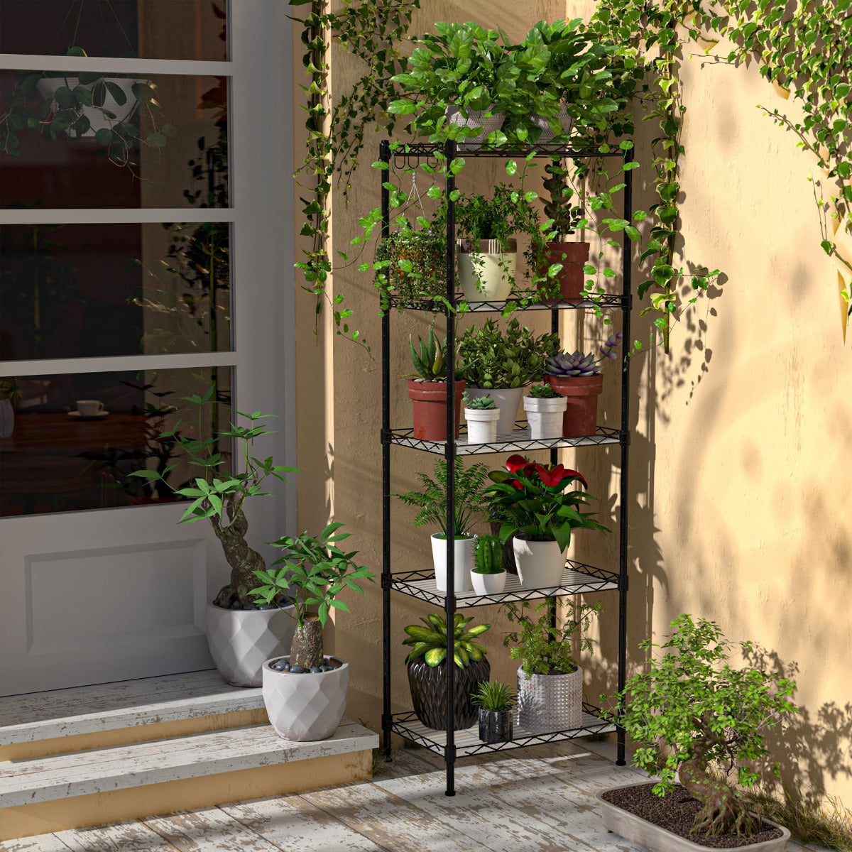 Black 5-tier metal plant stand with wire shelves and potted plants