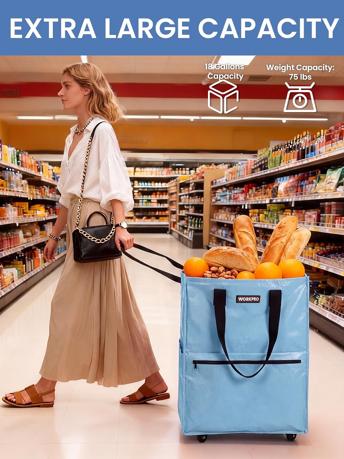 Blue rolling grocery bag on wheels with black front pocket and dual handles, filled with items
