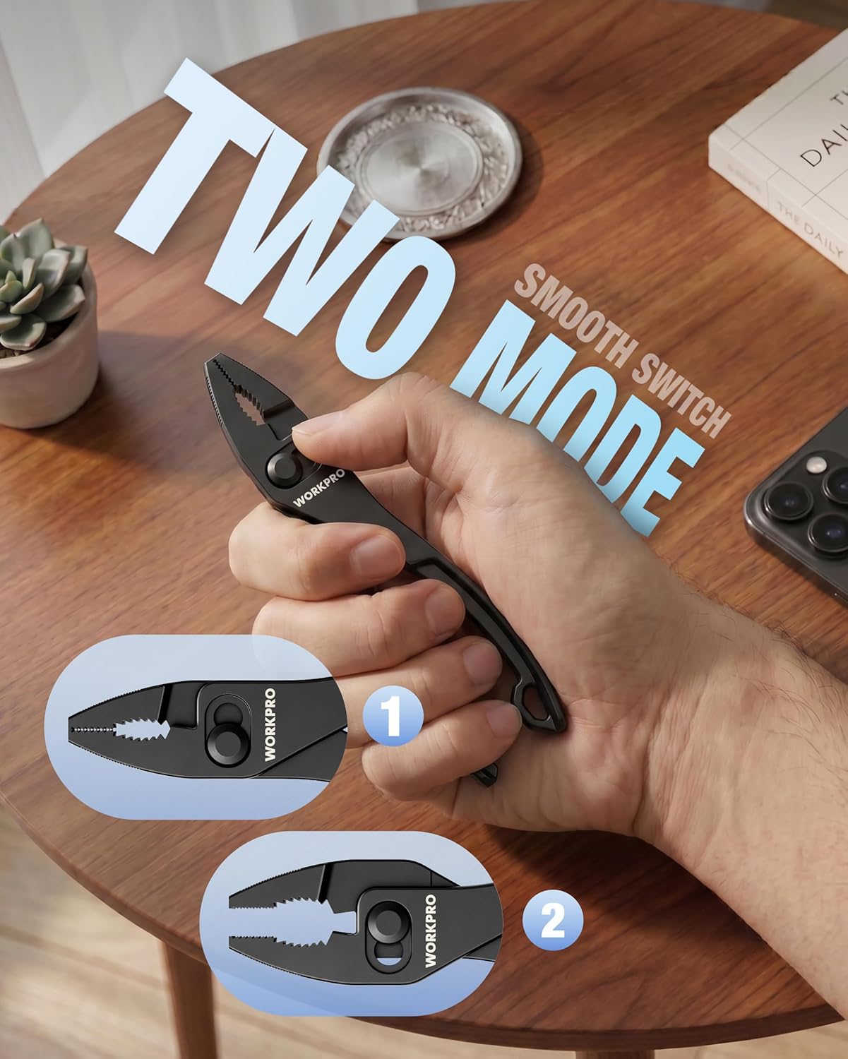 WORKPRO compact slip joint pliers with serrated jaws and slide switch, held in hand