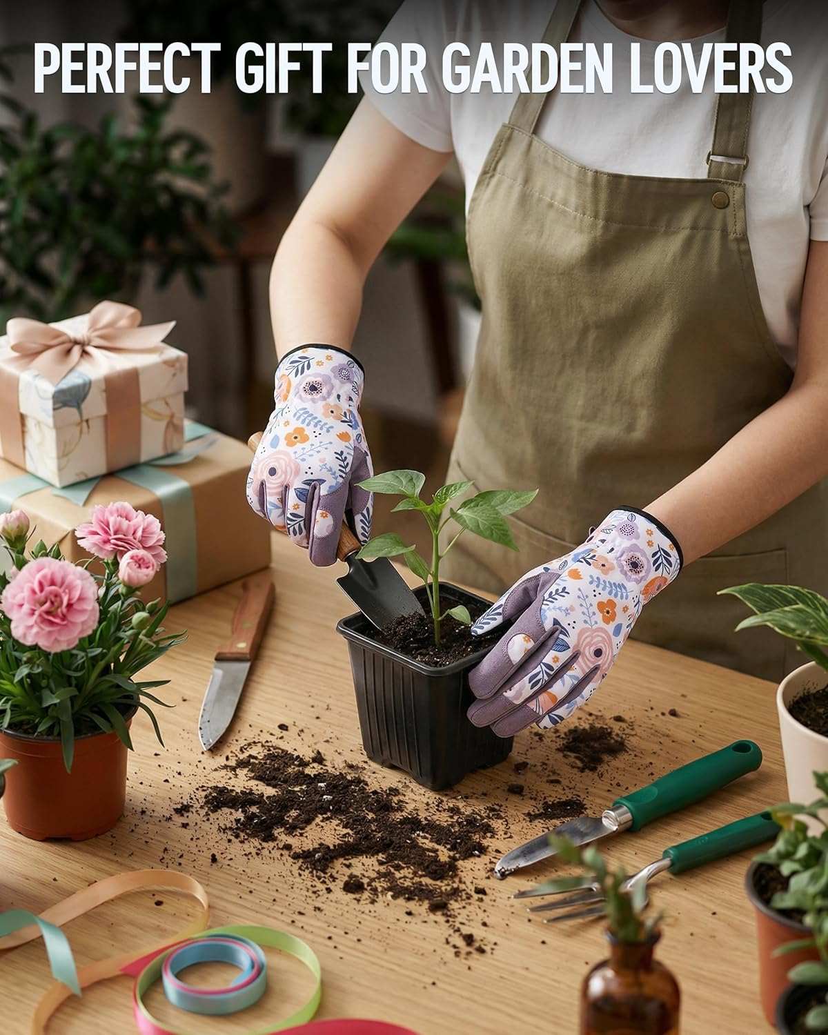 Floral gardening gloves in use holding garden tools and plants in soil