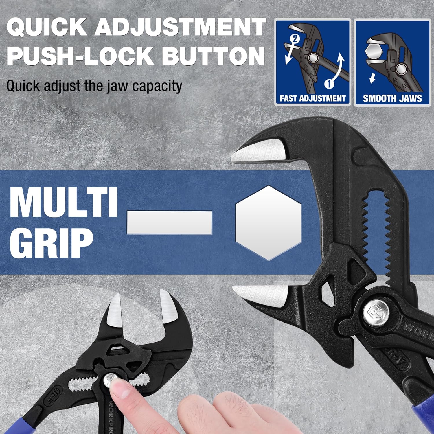Black pliers wrench with push-lock quick adjustment button and smooth jaws, blue handles