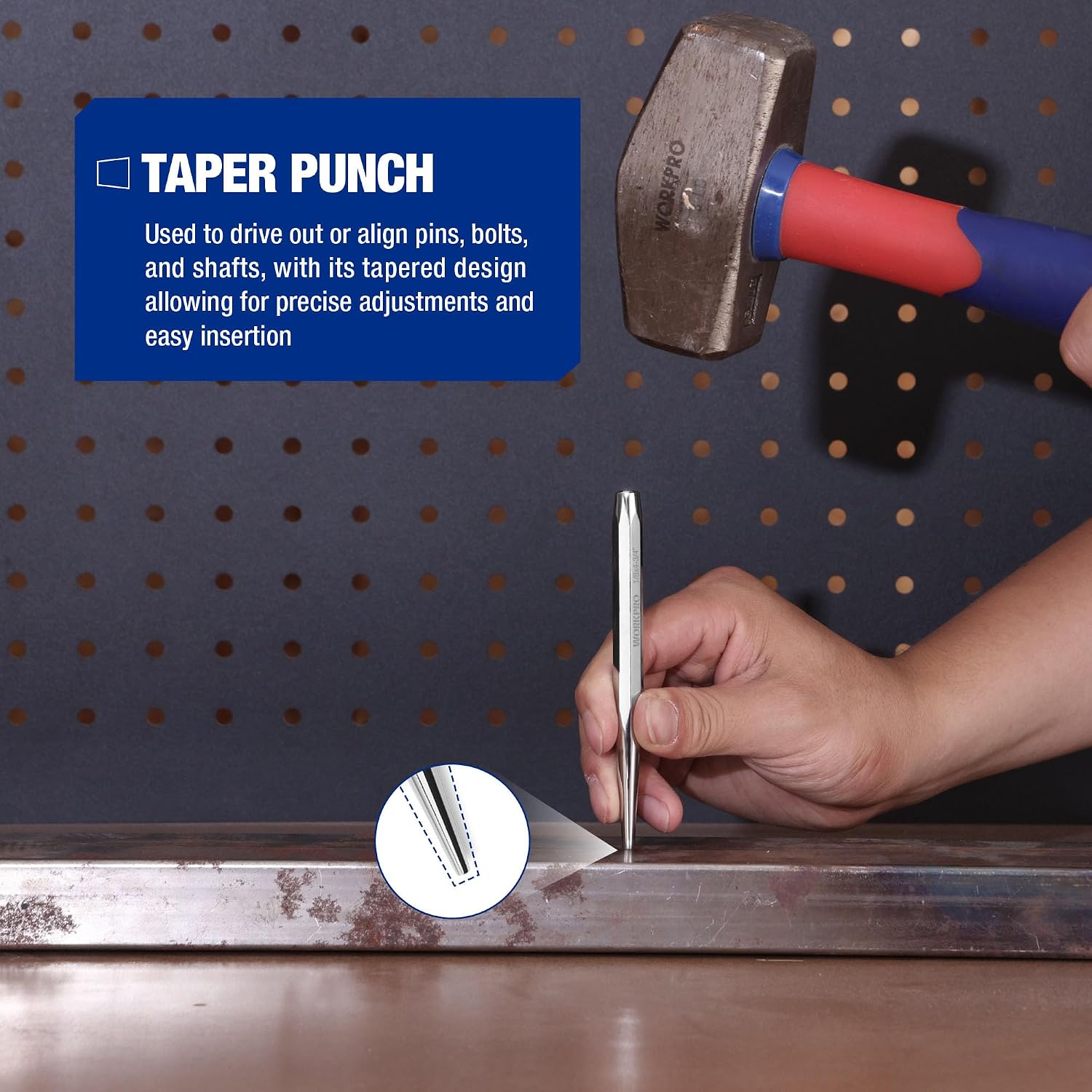 WORKPRO 5-piece punch and chisel set with storage tray, quality innovation and durable laser-etched markings