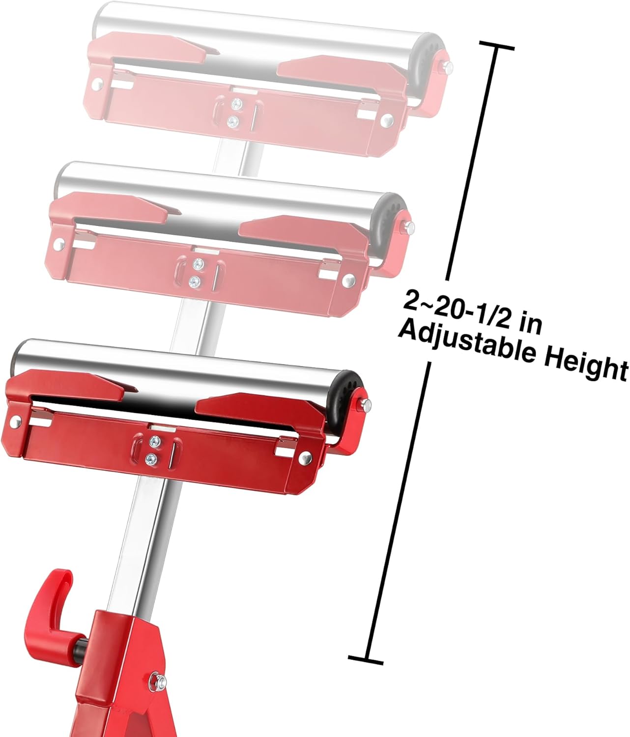 Red folding roller stand with adjustable height roller supports and black rubber roller edges