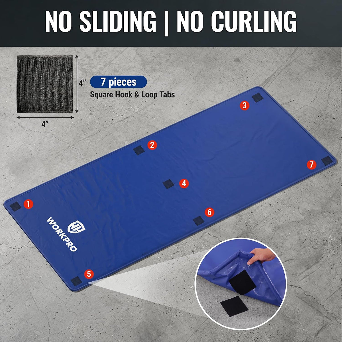 Workpro garage floor mat for under car in blue, shown with a textured surface and visible corner fastening points
