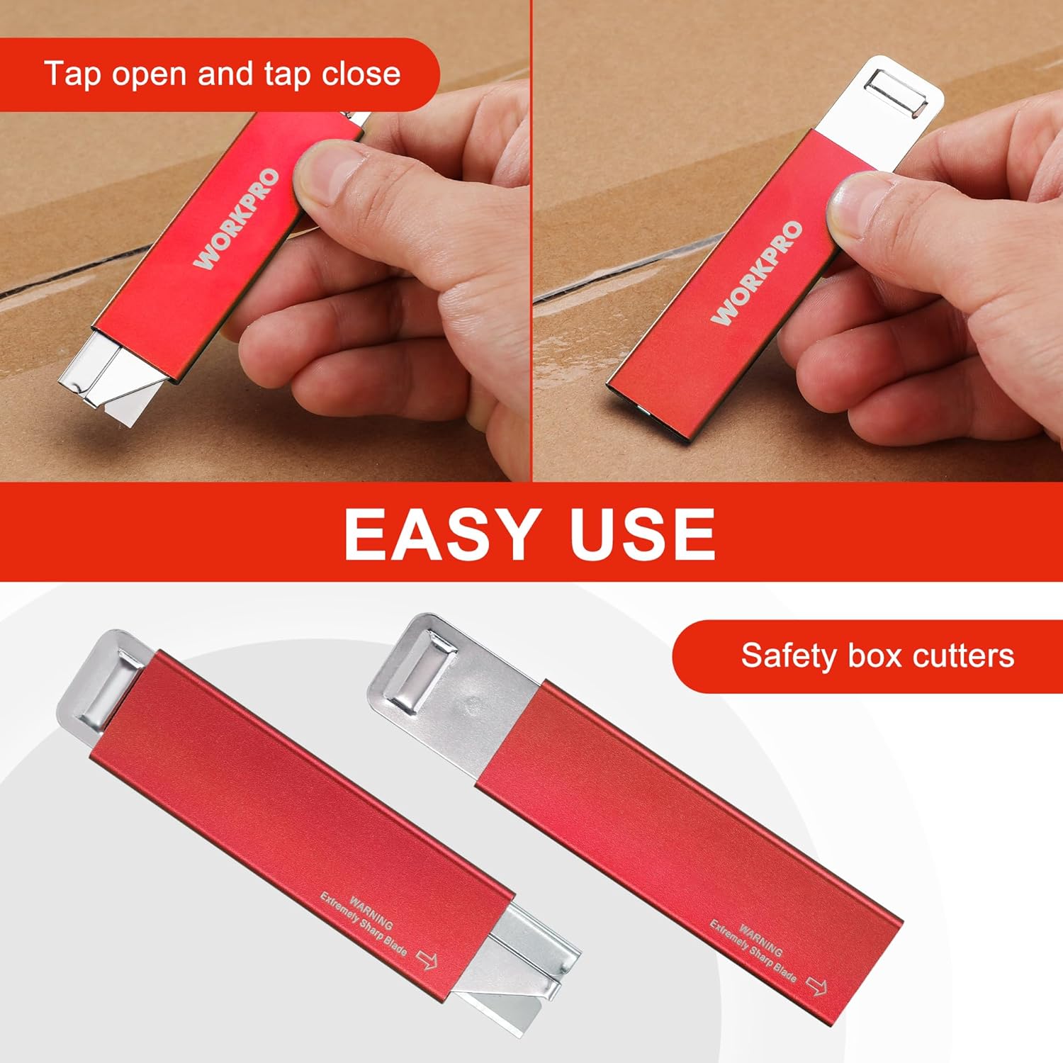 Red retractable box cutter in hand with extra blade set for easy tap-open use