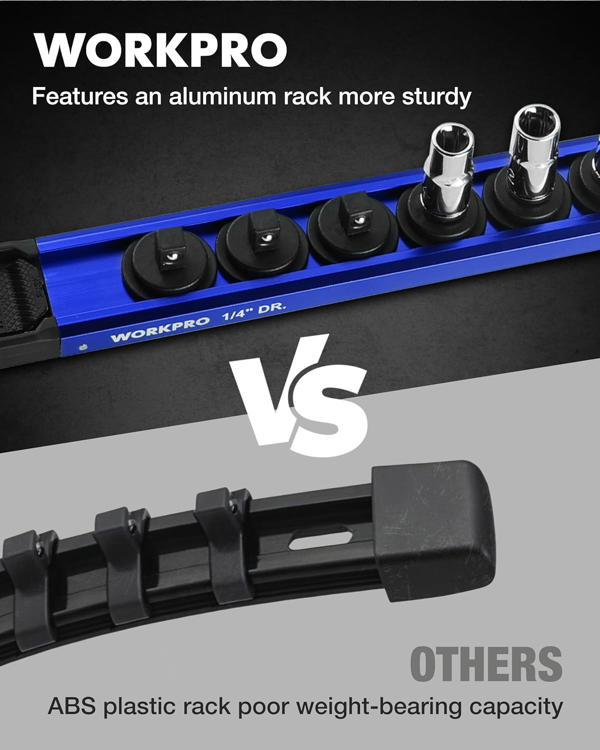 WORKPRO aluminum socket organizer rail with black removable clips for 1/4 drive sockets