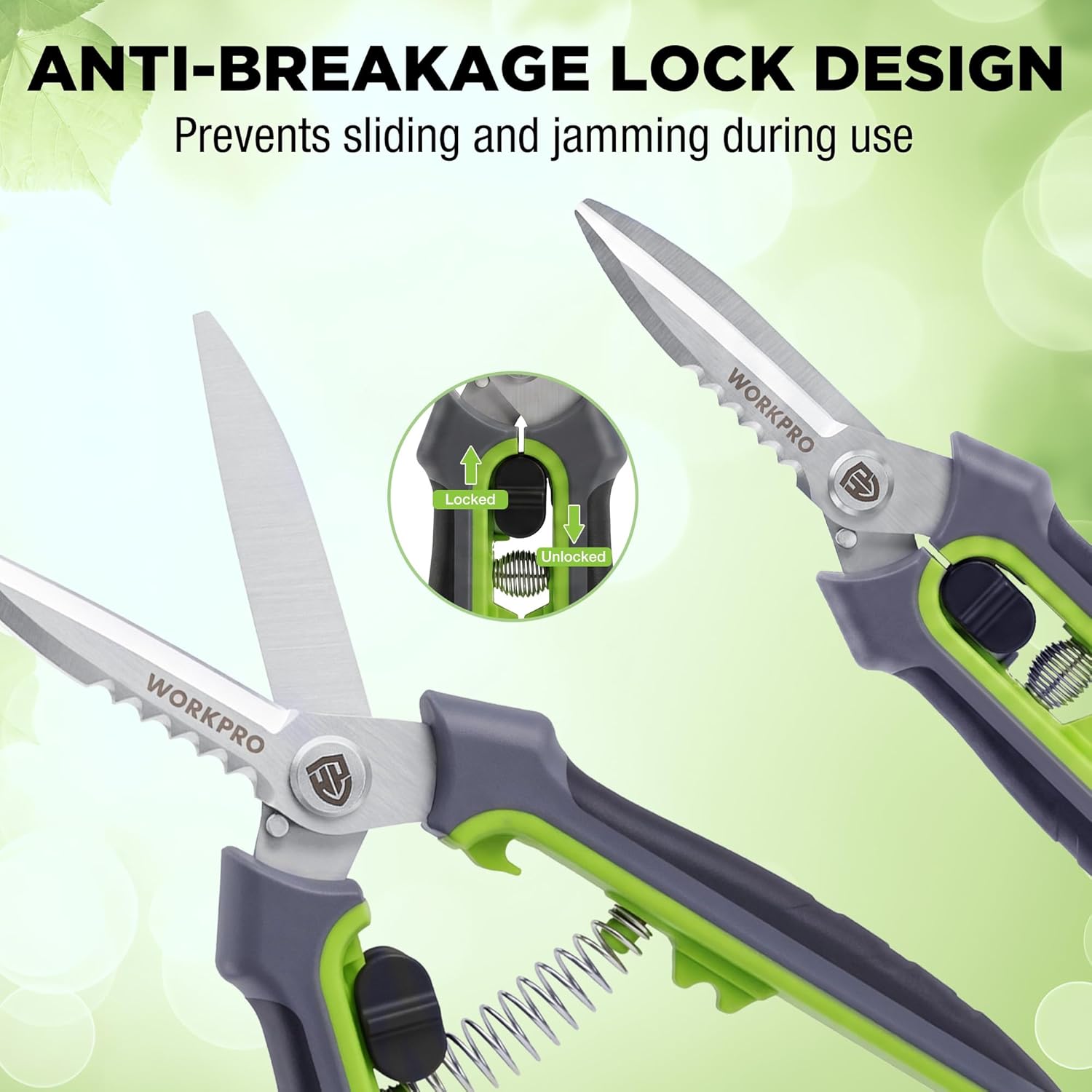 WORKPRO pruning shears with anti-breakage lock, serrated and straight stainless blades