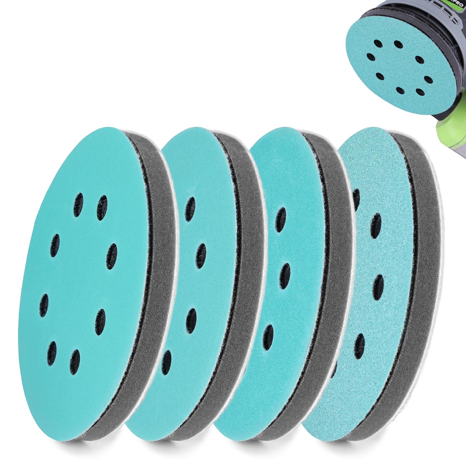 Teal foam buffer sanding pads with dust holes for 5-inch orbital sanders