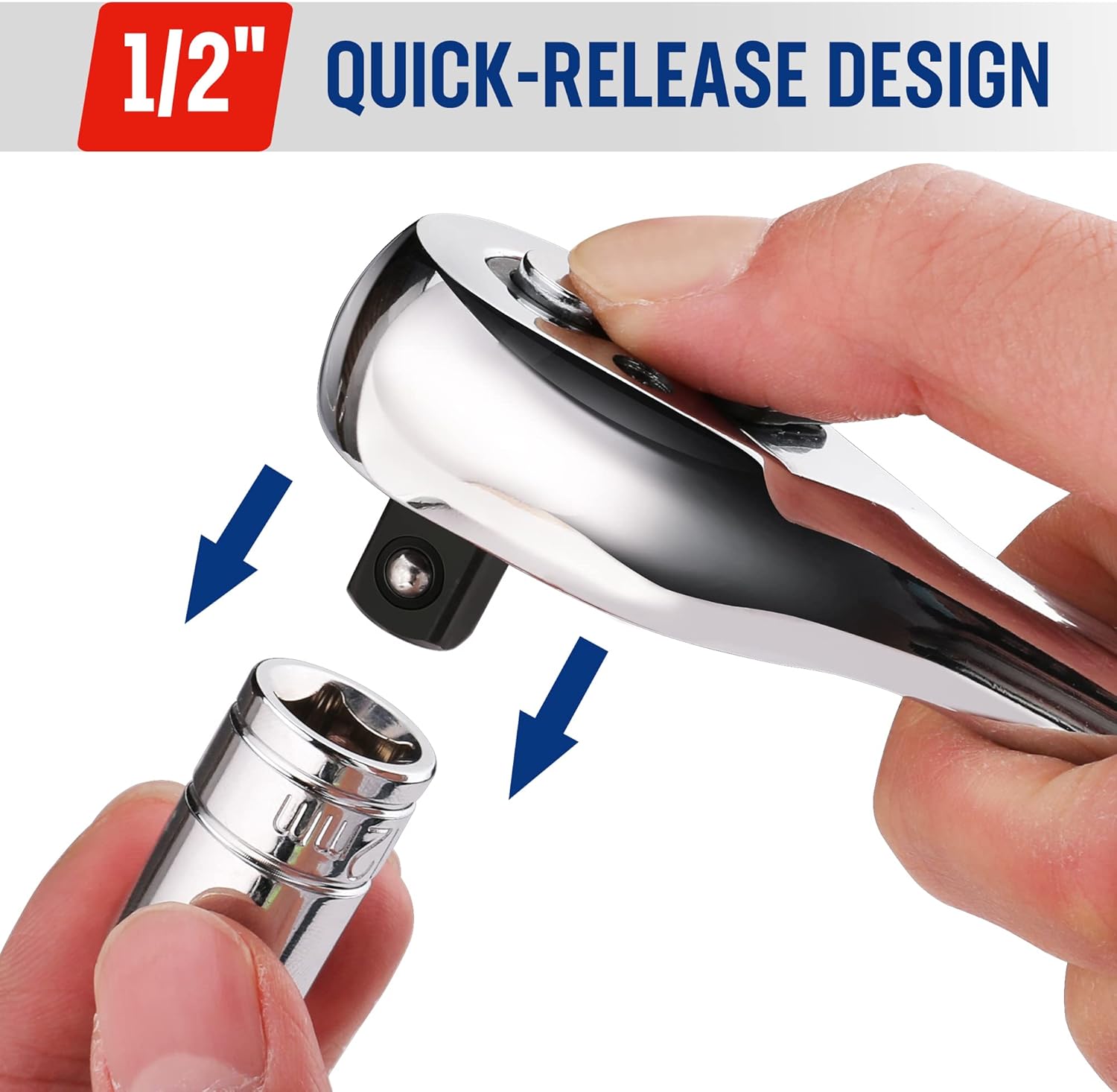 1/2 drive quick-release ratchet wrench, chrome head and blue/red ergonomic handle.
