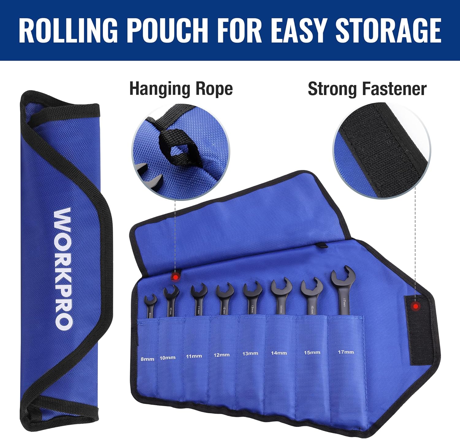 WORKPRO rolling pouch for storing 8-piece metric wrench set, hanging strap