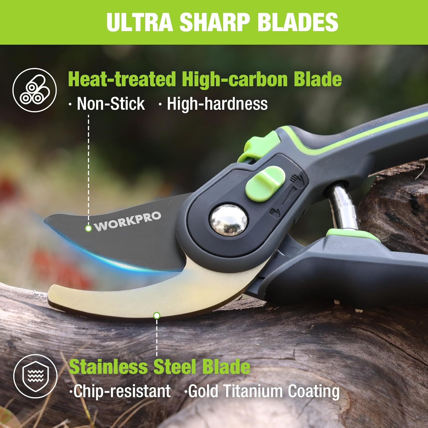 Pruning shears with gold titanium-coated blade and green/black handle, close-up of cutting edge