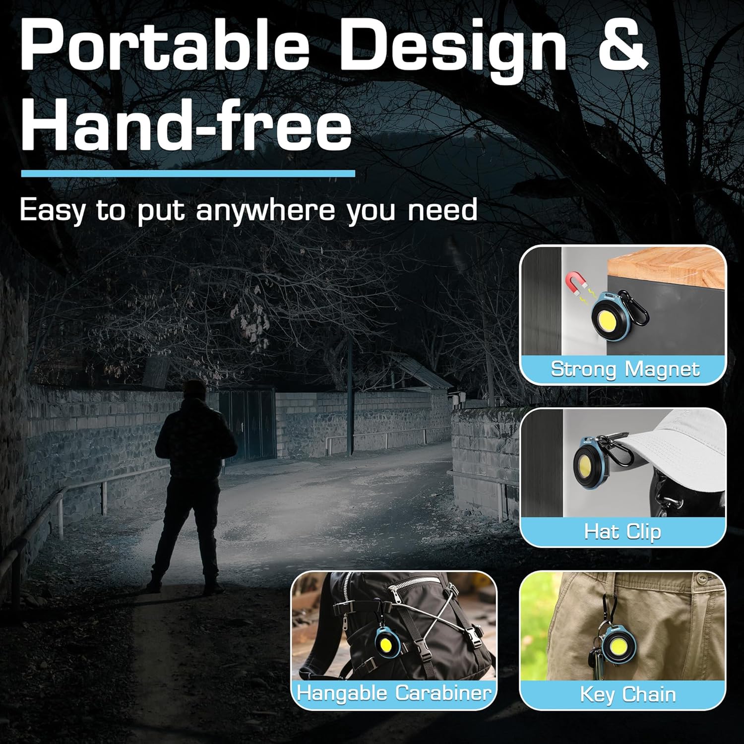 Blue COB keychain flashlight with carabiner and hat-clip attachment, round LED lens