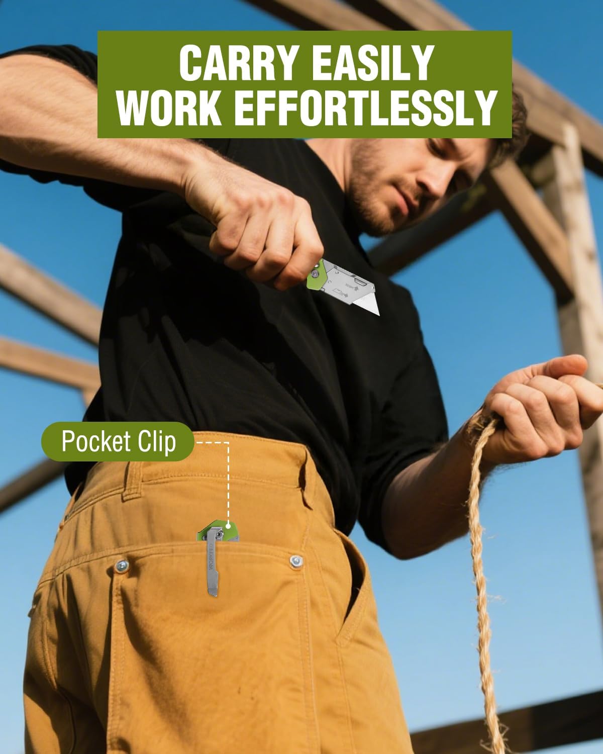 Green folding pocket utility knife clipped to pants pocket during use