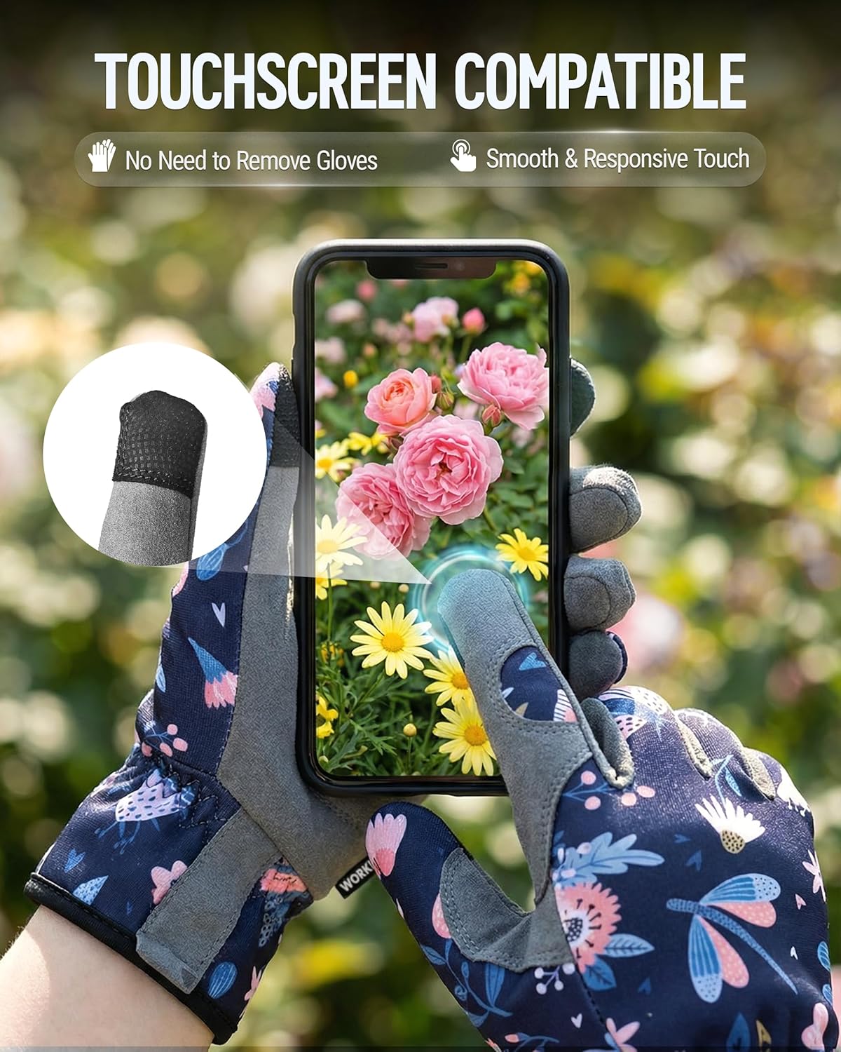 Touchscreen-compatible floral gloves with gray fingertips for smooth phone use.