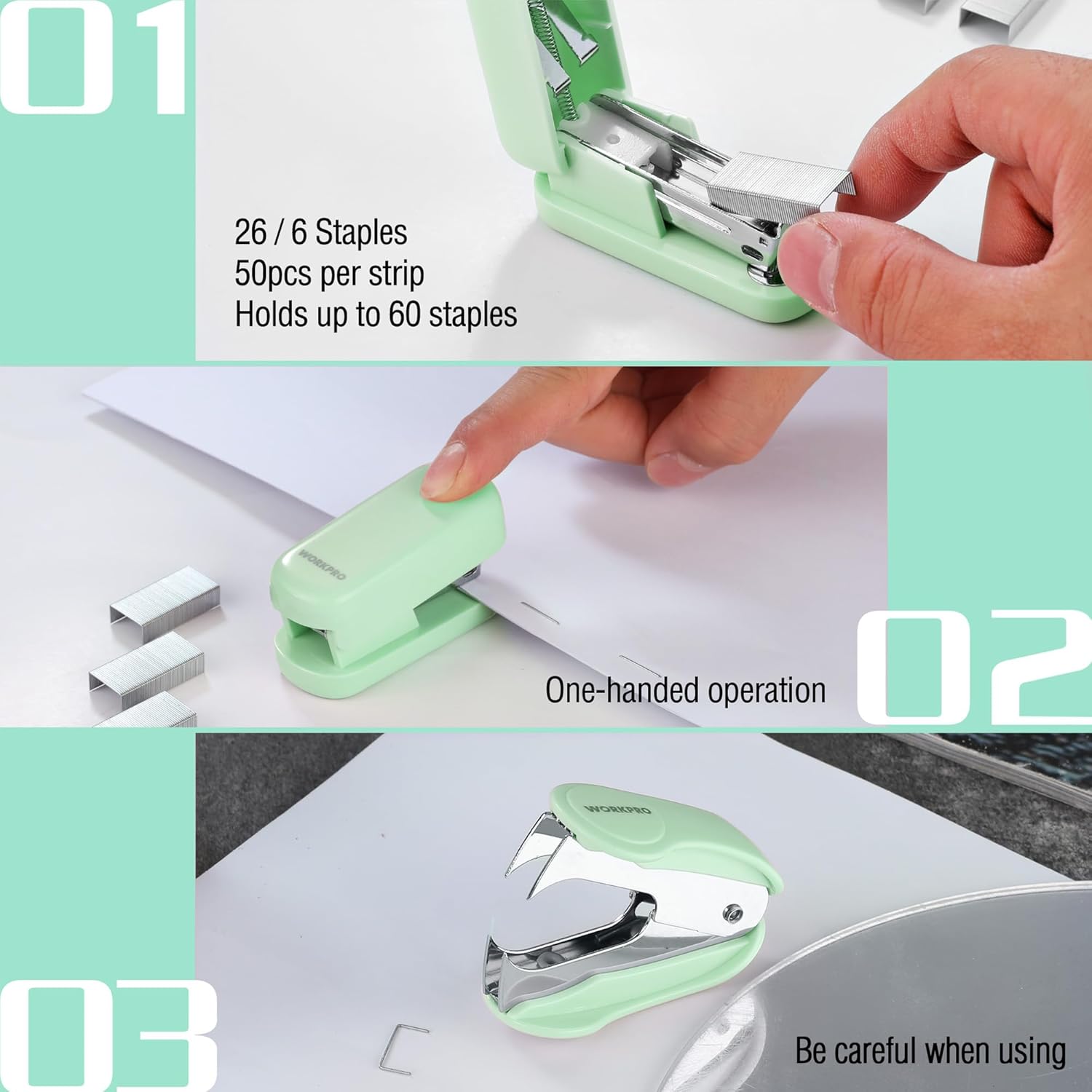 Green mini stapler loading staples with one-handed operation on paper stack