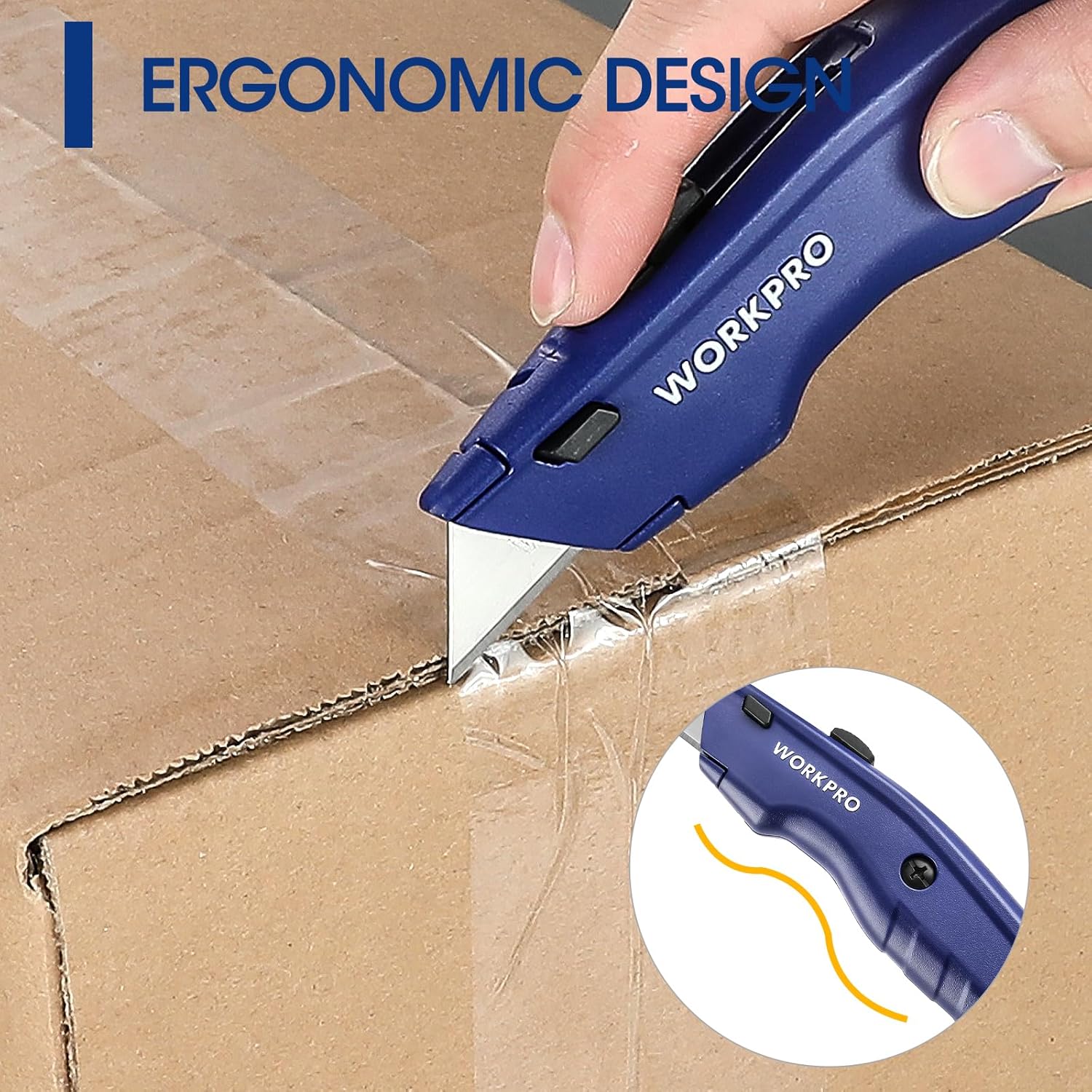 WORKPRO blue retractable box cutter cutting cardboard with ergonomic grip
