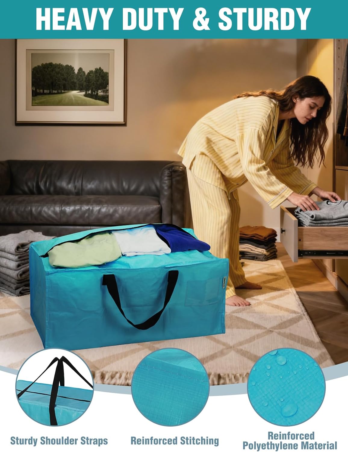 Extra-large blue moving storage tote bag with black handles and zipper closure