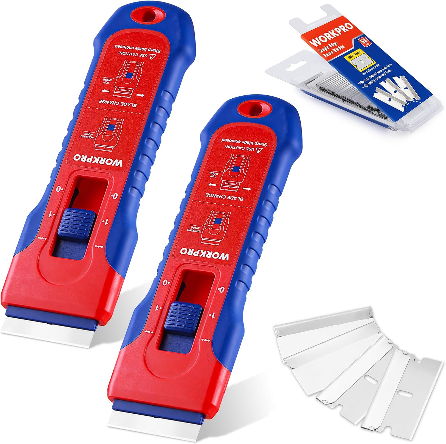 Two retractable razor blade scrapers, red handles with blue grips, plus spare blade pieces