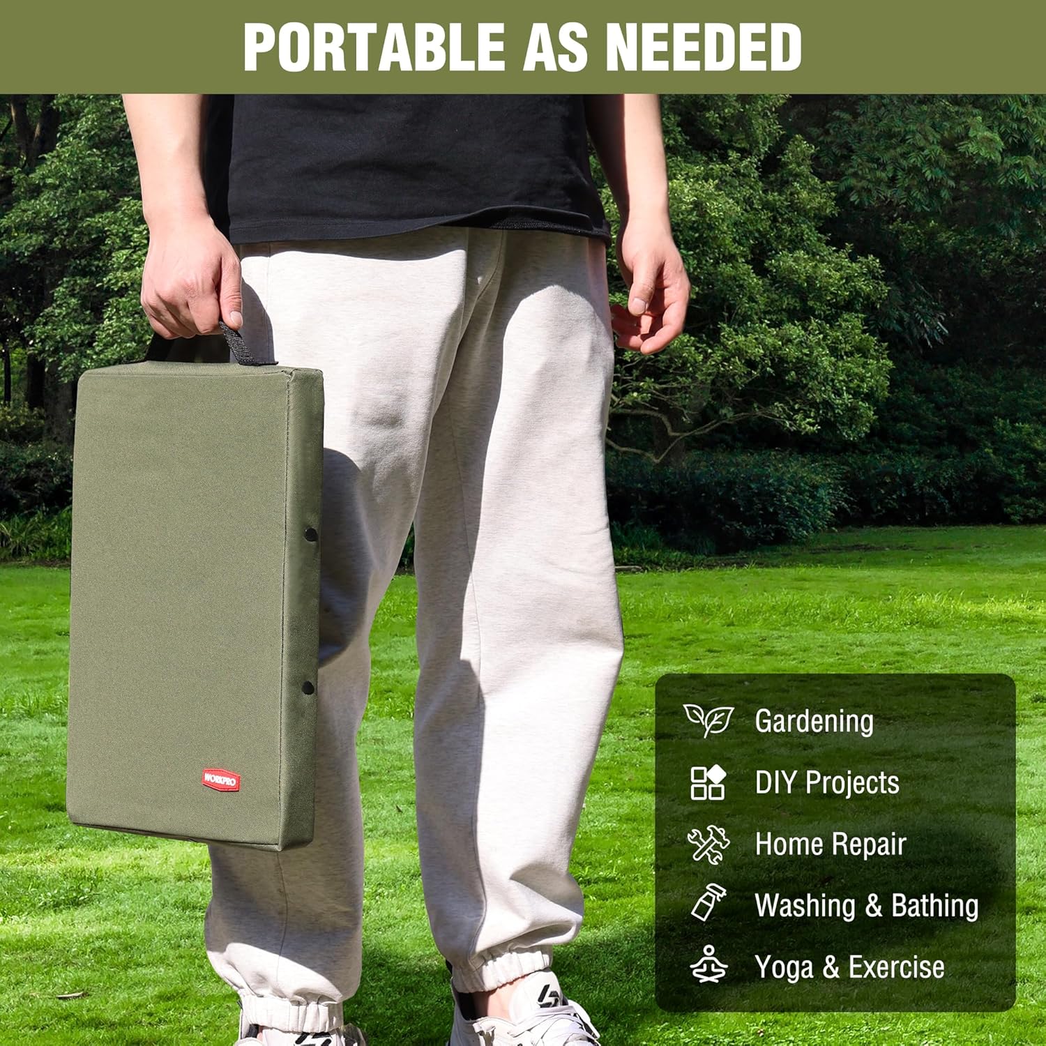 Green kneeling pad carried by its handle outdoors for gardening and home tasks.