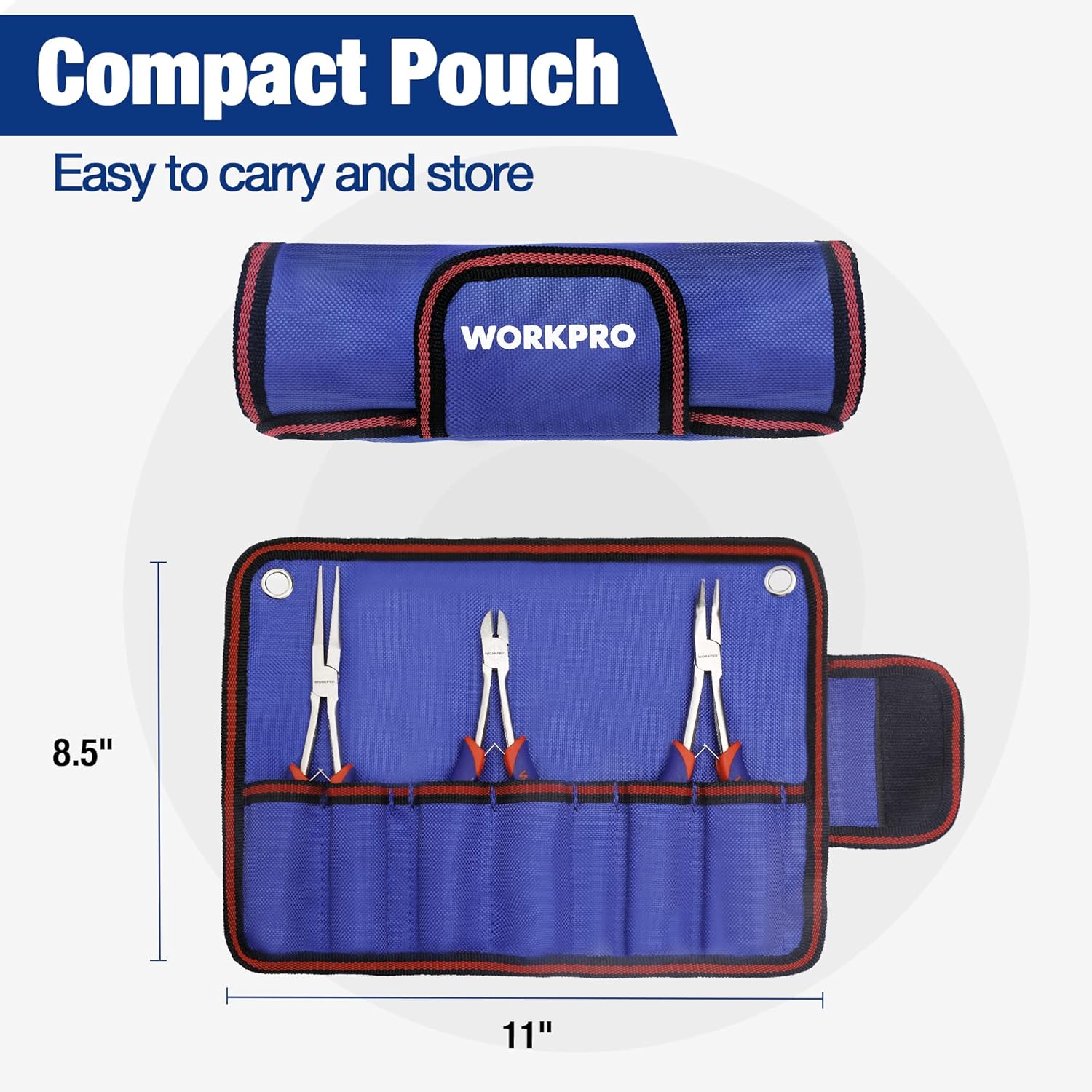Blue compact pouch with WORKPRO logo and elastic tool pockets, carrying three mini pliers