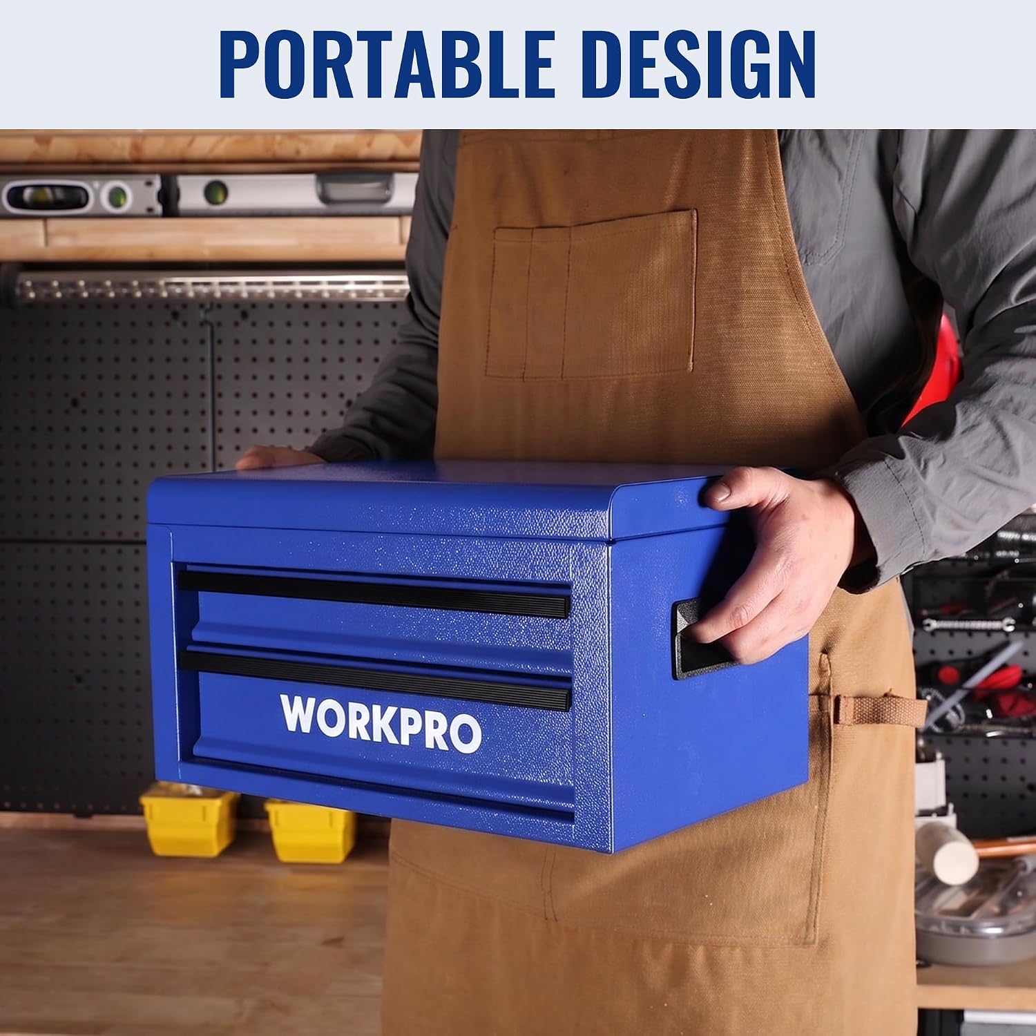 WORKPRO 15-Inch Metal Tool Box with 2 Drawers & Top Storage, Blue