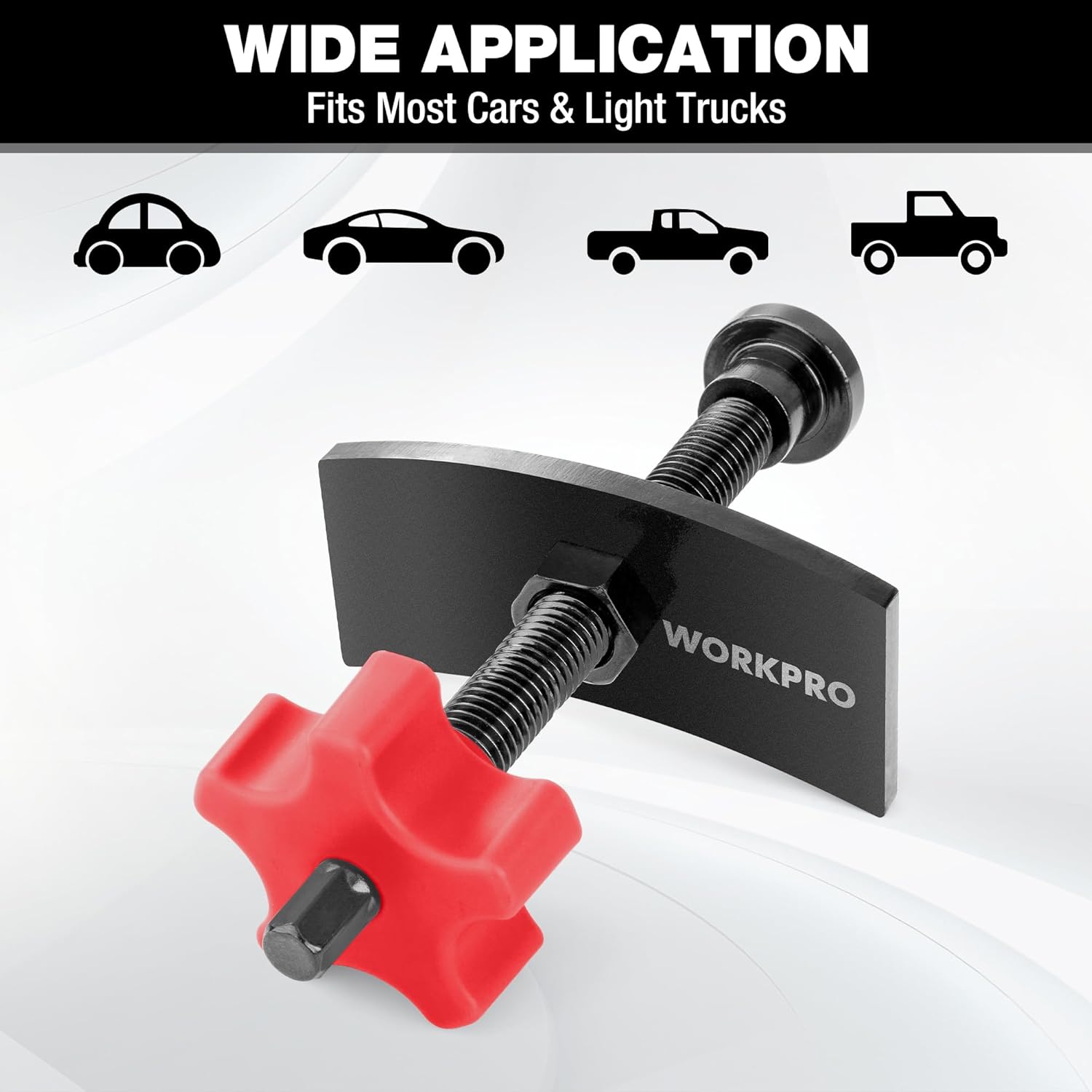 Brake pad spreader tool with red knob, black plate, and threaded screw for vehicles