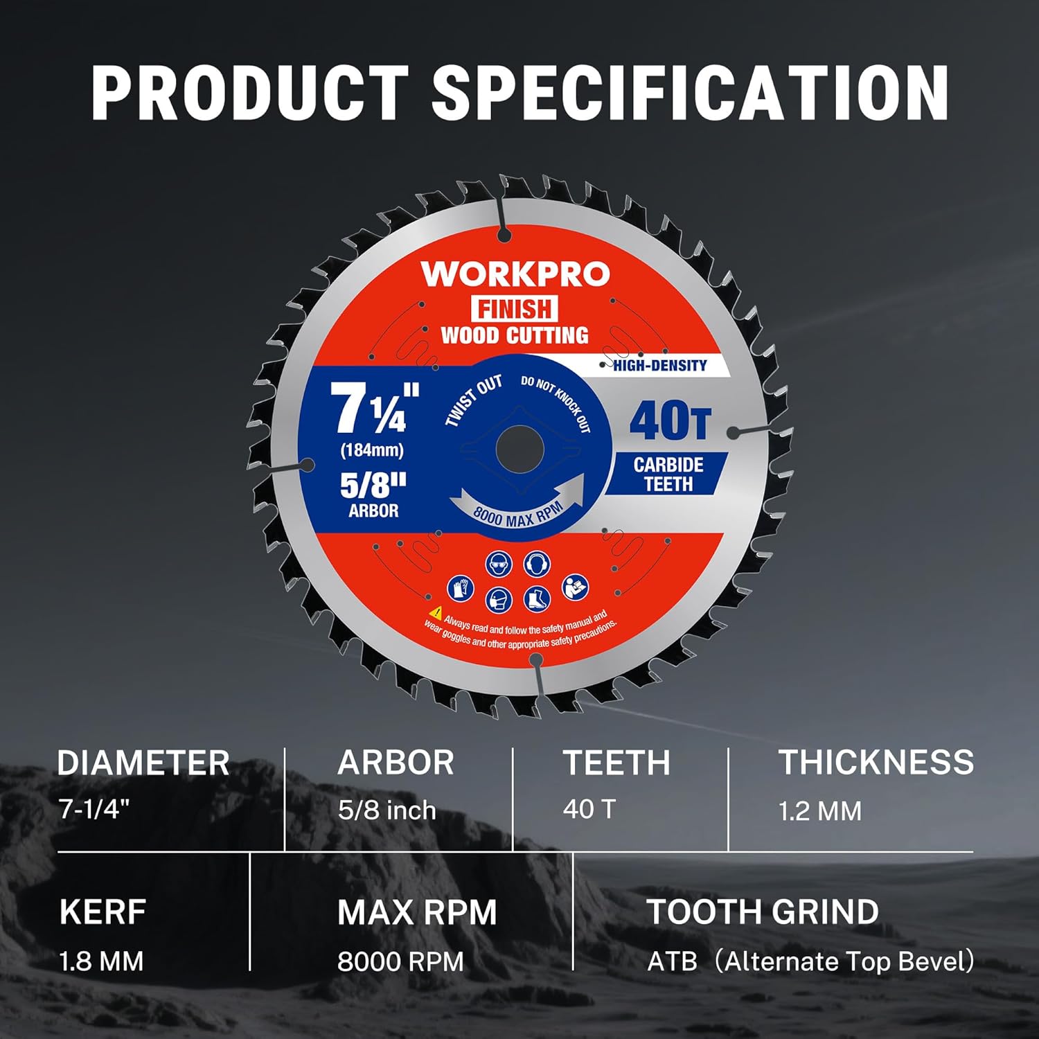 WORKPRO circular saw blade, 7-1/4in diameter, 40T carbide teeth, ATB