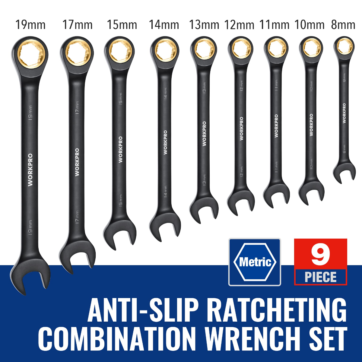 9-piece black anti-slip ratcheting combination wrench set with metric sizes