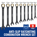 WORKPRO 9 Pcs Black Anti-Slip Ratcheting Combination Wrench Set, Metric 8-19 mm, SAE 1/4"-3/4", 72-Teeth, Cr-V Constructed