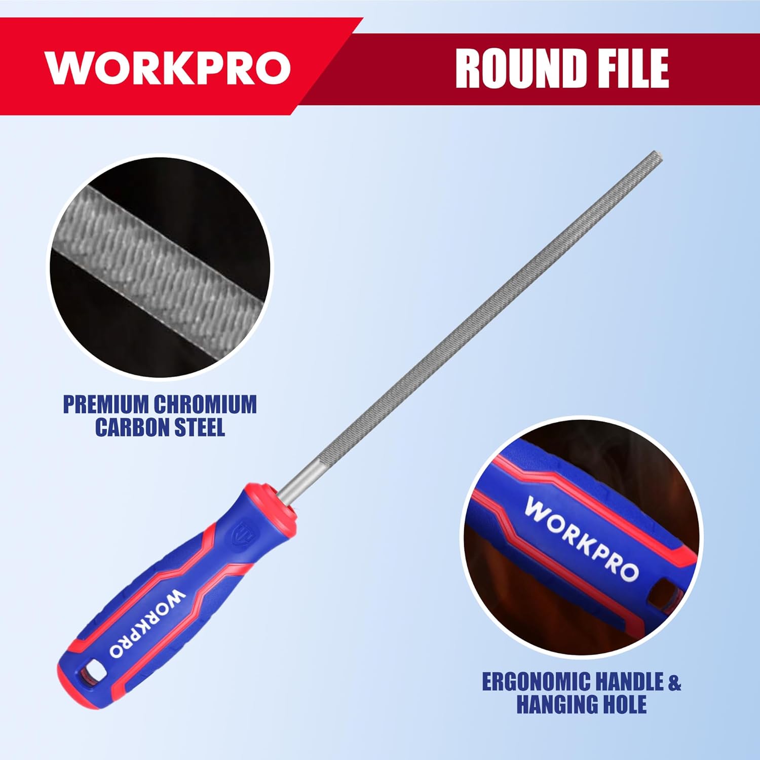 Round metal file with gray blade and red-blue ergonomic handle and hanging hole