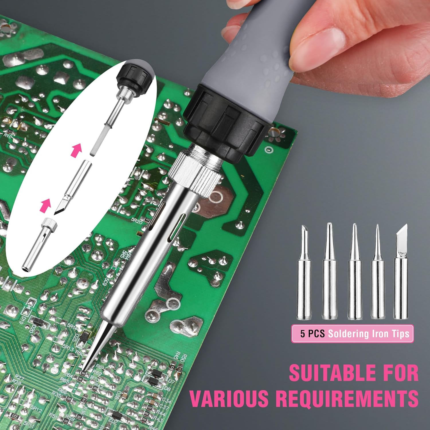 Pink WORKPRO soldering iron with interchangeable tips, stand, and included accessories